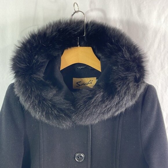 Sachi black, Italian wool and cashmere coat with hood and black fur collar - Picture 2 of 5